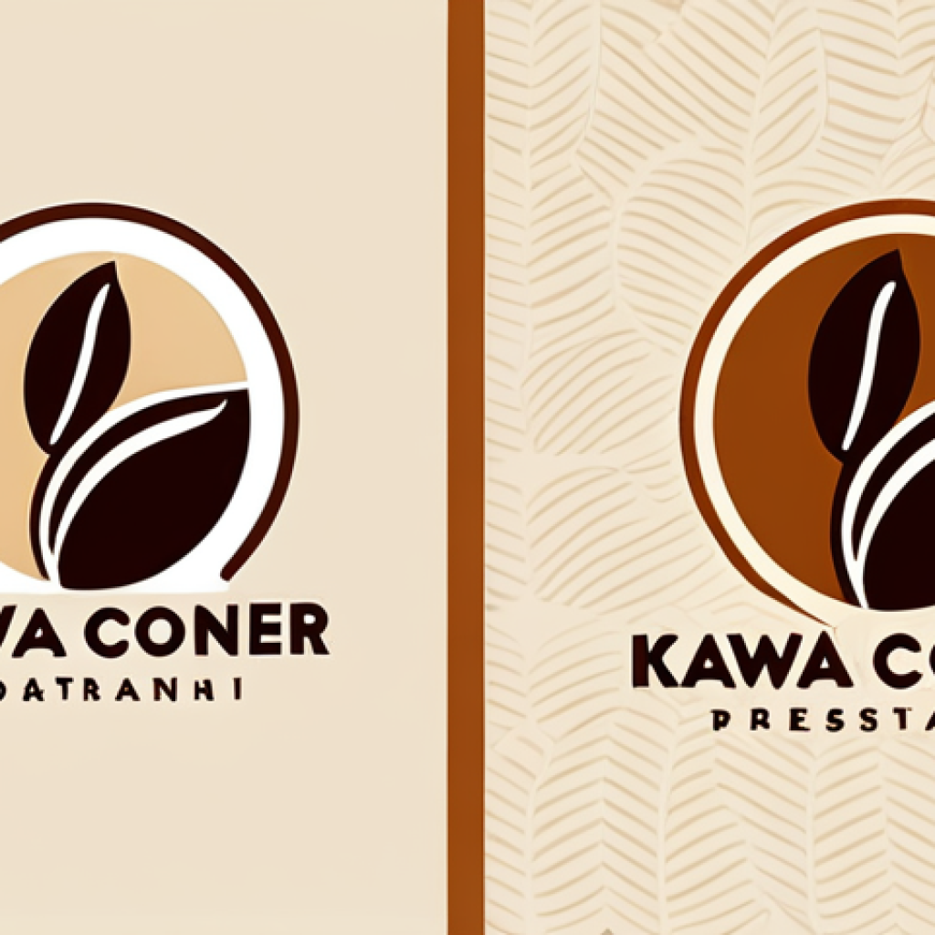 **Logo Design:** A modern, minimalist logo design for a coffee shop called "Kawa Corner" featuring a stylized coffee bean and a warm color palette of browns and creams. Vector illustration, clean lines, professional design, marketing material.