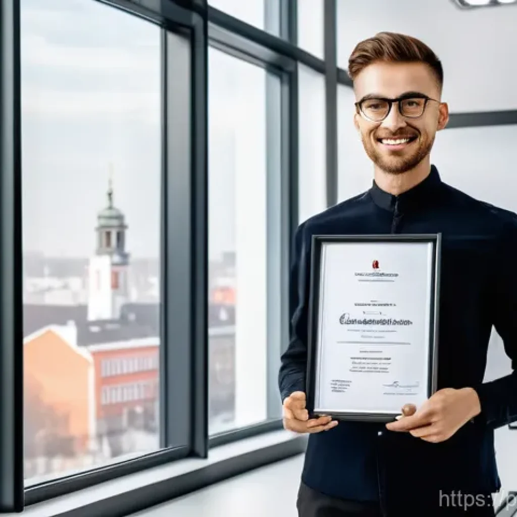 시각디자인 자격증 지원 절차 - **Prompt: "A confident and diverse graphic designer, professionally dressed, stands in a brightly li...