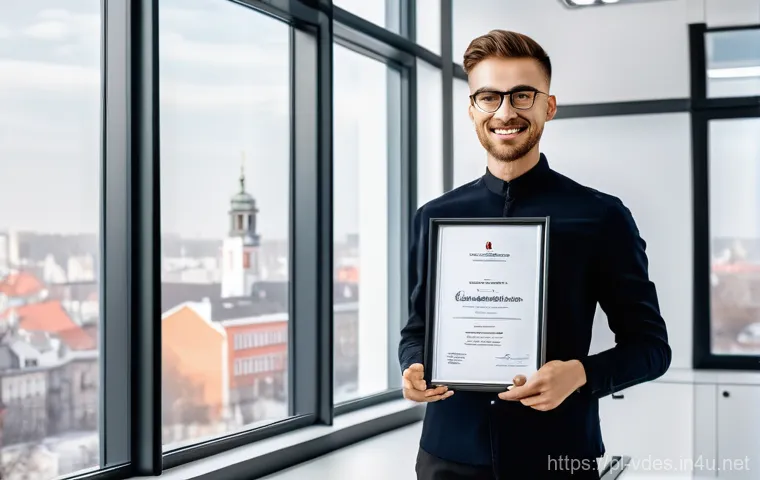 시각디자인 자격증 지원 절차 - **Prompt: "A confident and diverse graphic designer, professionally dressed, stands in a brightly li...