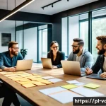 Home 14 시각디자인 팀 리더십 기법 - A modern creative design team collaborating in a bright, open office space filled with natural light...