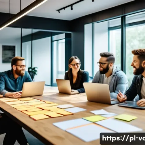 Home 24 시각디자인 팀 리더십 기법 - A modern creative design team collaborating in a bright, open office space filled with natural light...