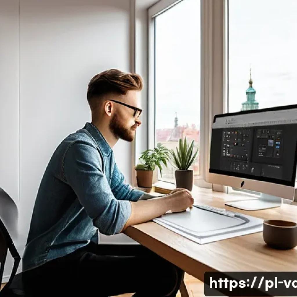 시각디자인의 성장 경로 - A modern workspace scene showing a young Polish graphic designer at a desk with dual monitors displa...