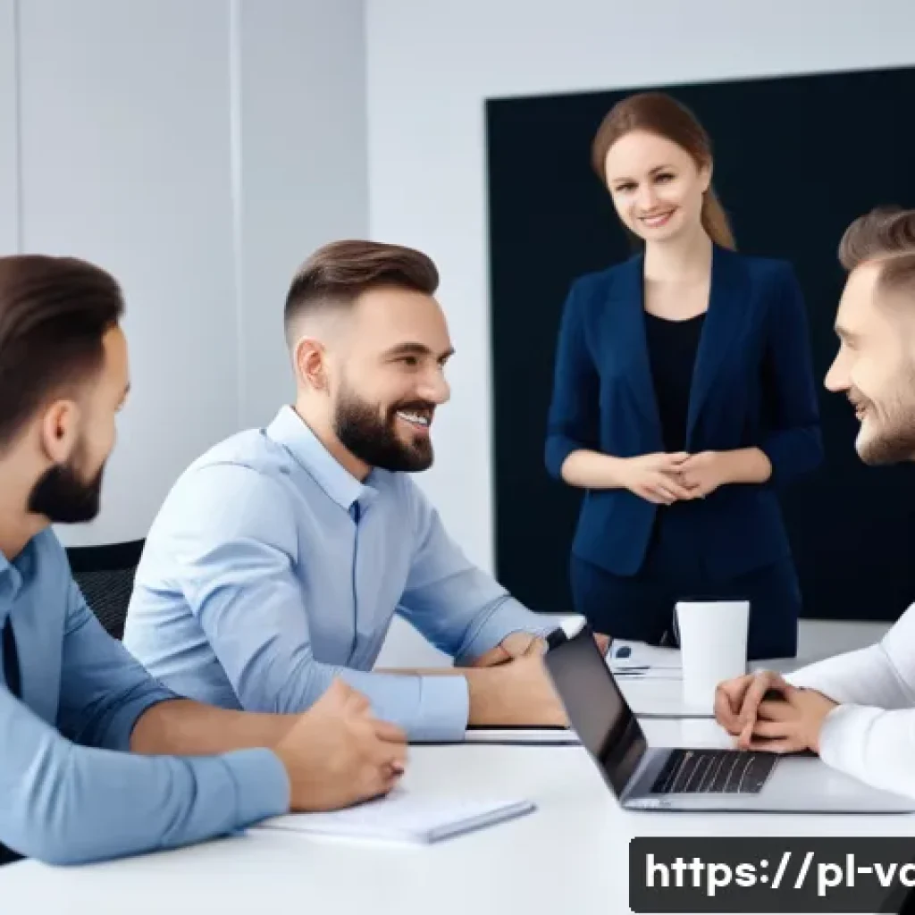 시각디자인 실무에서의 피드백 처리 - A professional office meeting scene showing a diverse group of Polish business people actively engag...