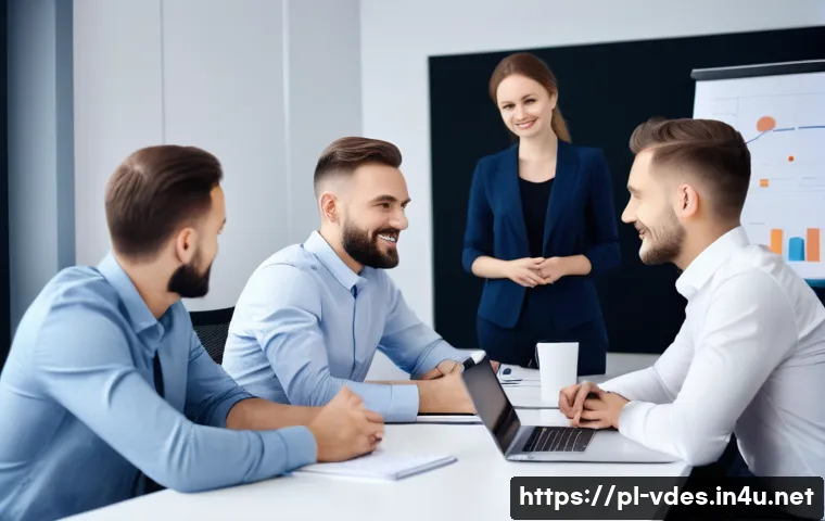 시각디자인 실무에서의 피드백 처리 - A professional office meeting scene showing a diverse group of Polish business people actively engag...