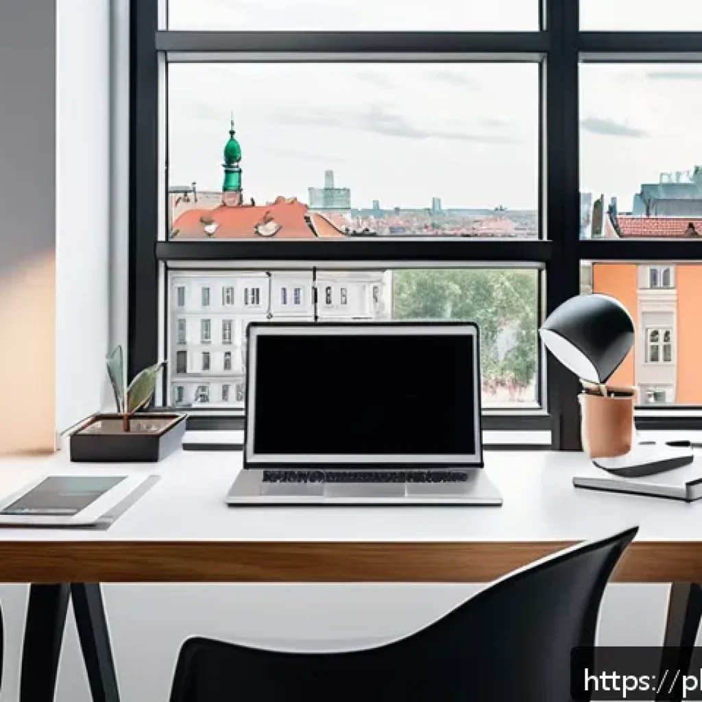 시각디자인 경력 개발 방법 - A modern creative workspace showcasing a Polish graphic designer deeply focused on their digital por...