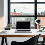 Home 19 시각디자인 경력 개발 방법 - A modern creative workspace showcasing a Polish graphic designer deeply focused on their digital por...