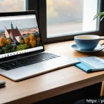 Home 18 시각디자인 포트폴리오 프레젠테이션 - A modern digital portfolio workspace scene featuring a Polish graphic designer at a sleek wooden des...