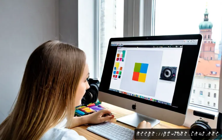 시각디자인과 소셜 미디어 디자인 - Photorealistic visual design student in a bright modern Warsaw studio, arranging colorful square soc...